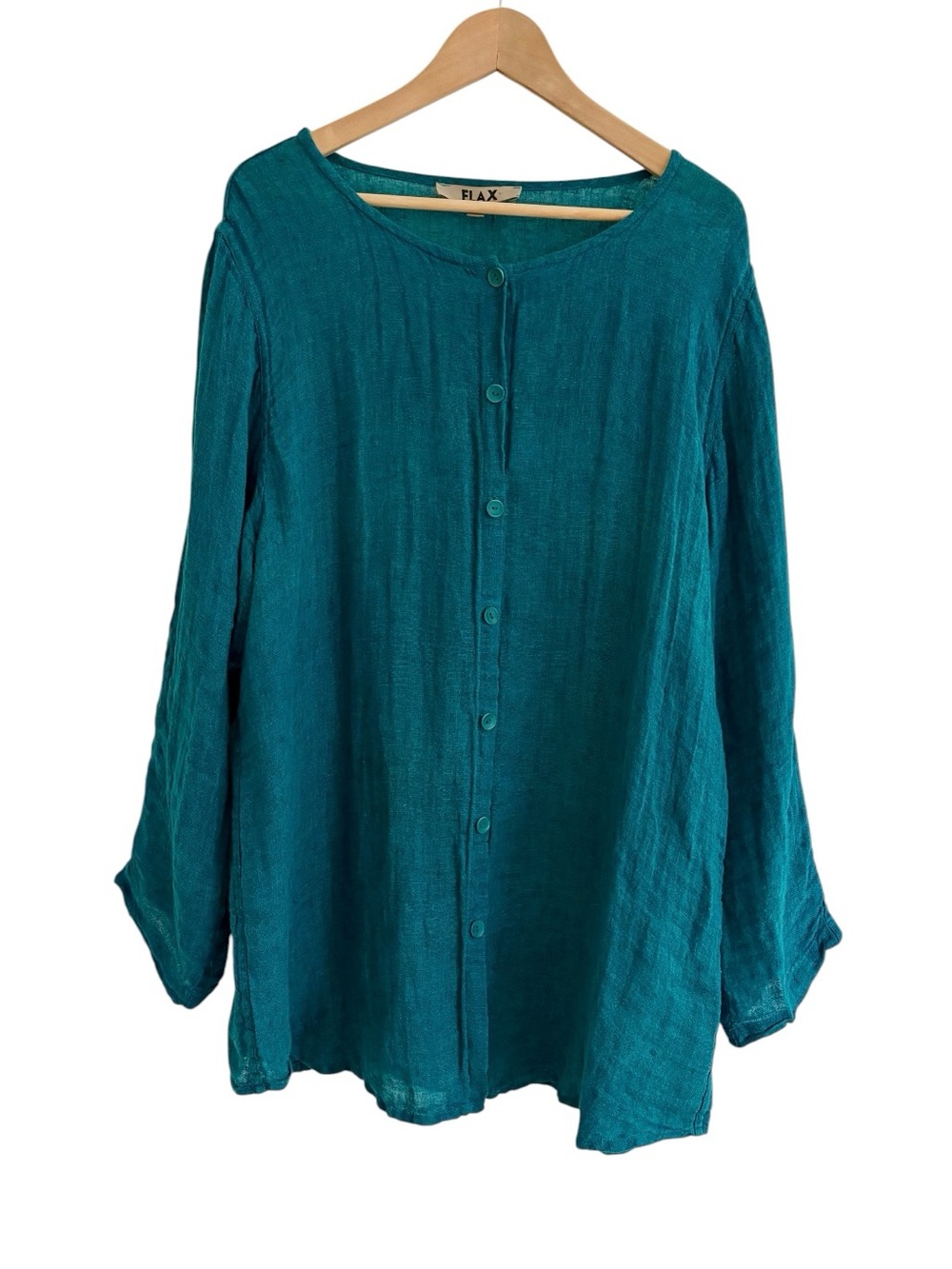 FLAX Linen Button Up Top Overshirt Tunic Size L Teal Lagenlook Natural Travel